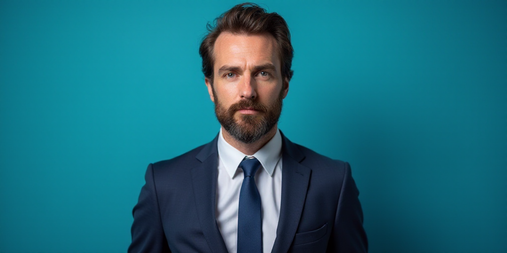 a man in a suit and tie standing in front of a blue background with a caption that reads demeterio s