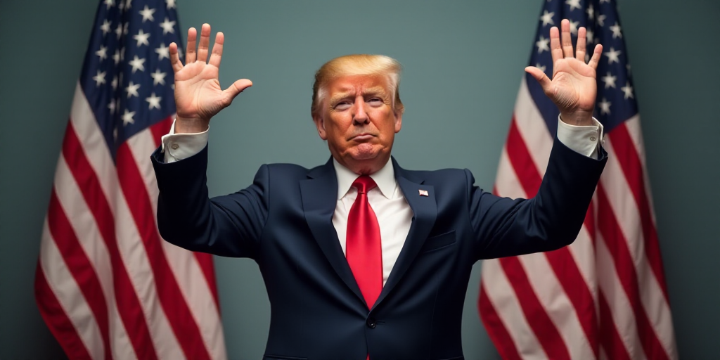 a man in a suit and tie standing in front of two american flags and holding his hands up in the air,