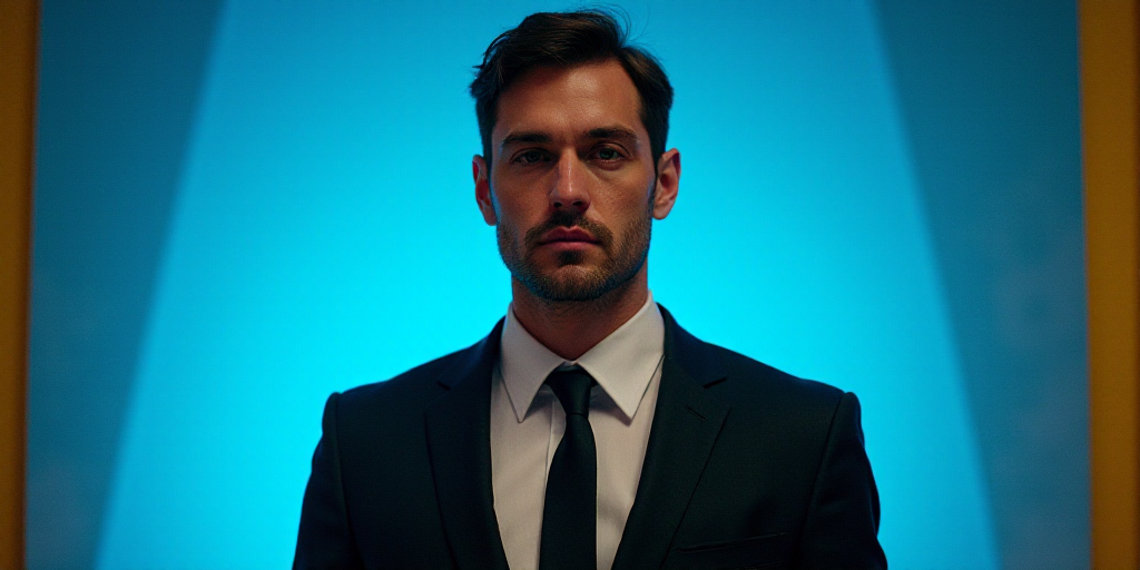 a man in a suit and tie standing in front of a blue background with a black and yellow border, Eduar