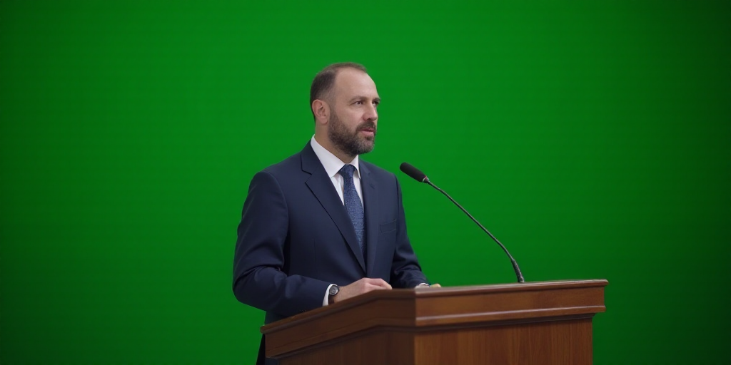 a man in a suit and tie standing at a podium with a microphone in front of him and a green wall behi