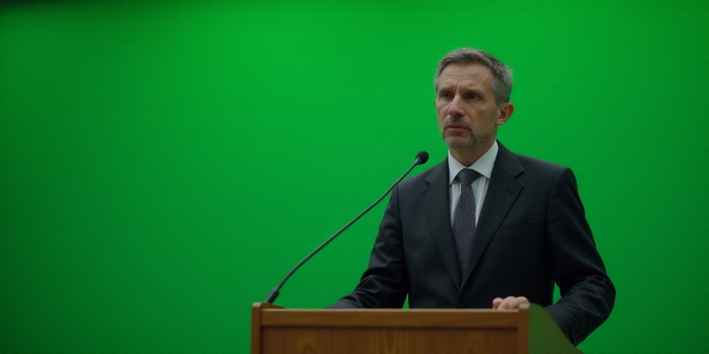 a man in a suit and tie standing at a podium with a microphone in front of him and a green wall behi