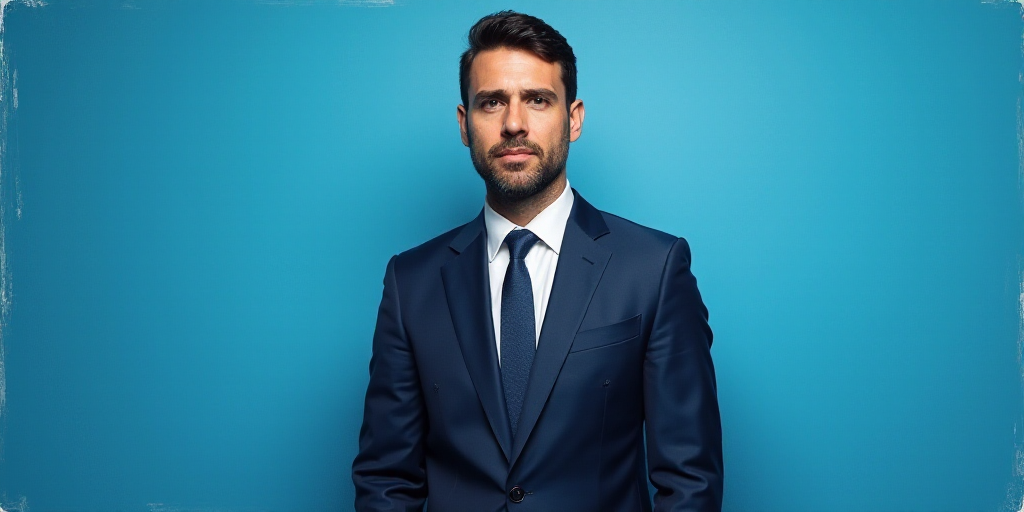a man in a suit and tie standing in front of a blue background with a caption that reads, louis migu