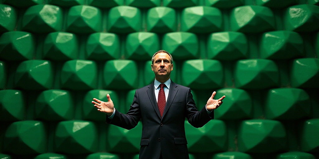 a man in a suit and tie standing in front of a wall of green marbles with his hands out, Boris Vladi