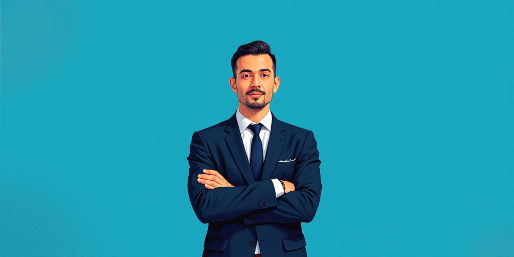 a man in a suit and tie standing with his arms crossed in front of him, with a blue background, Carl