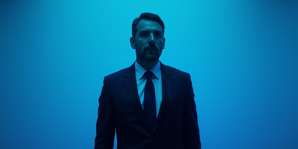 a man in a suit and tie standing in front of a blue background with a caption that reads miguel gonz