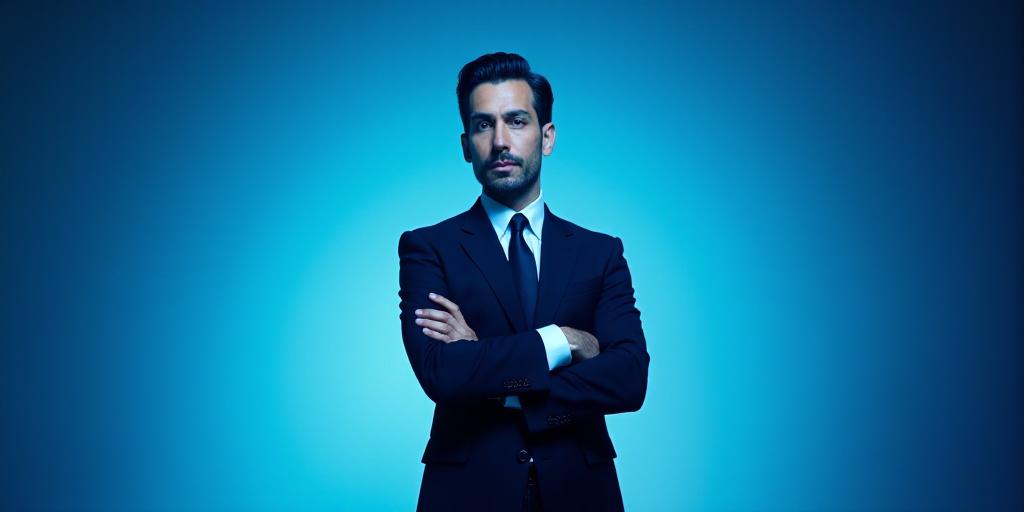 a man in a suit and tie standing with his arms crossed in front of him with a blue background, Estua