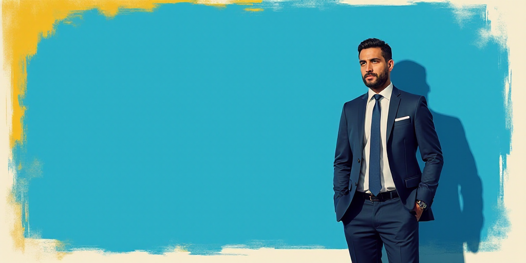 a man in a suit and tie standing in front of a blue background with a white and yellow border, Carlo