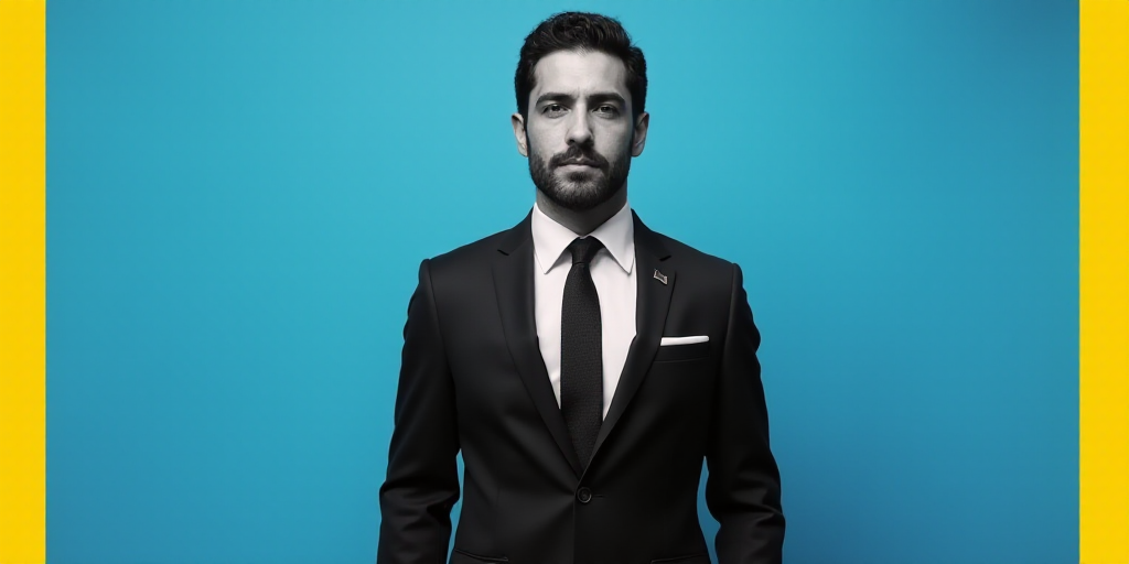 a man in a suit and tie standing in front of a blue background with a yellow border and a black and
