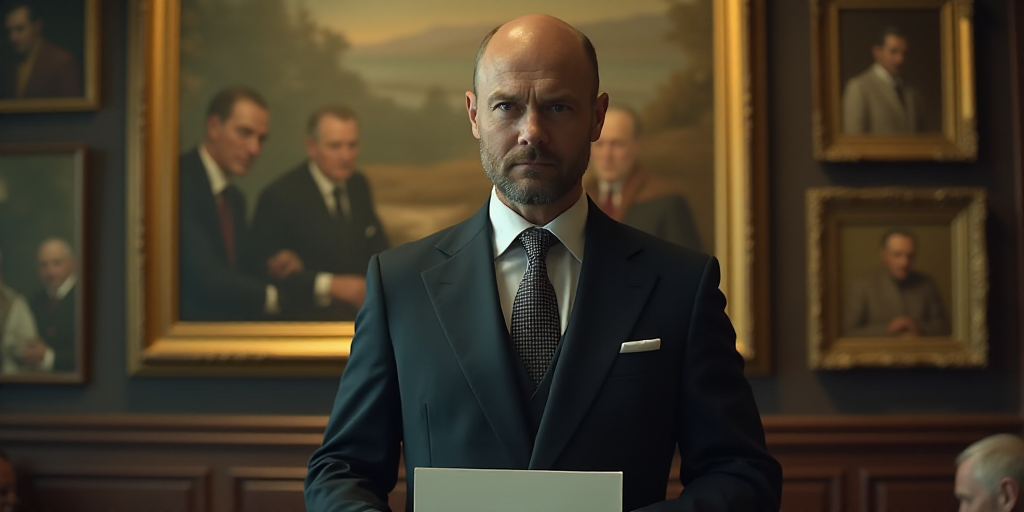 a man in a suit and tie standing in a room with paintings on the wall and a sign in front of him, Bo