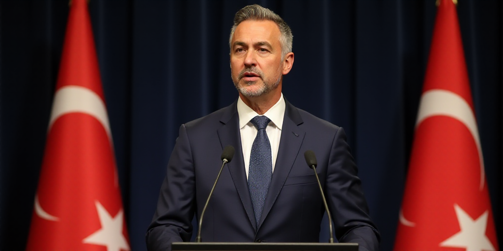 a man in a suit and tie standing at a podium with two flags behind him and a microphone in front of