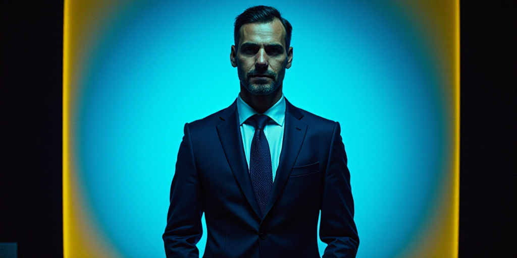 a man in a suit and tie standing in front of a blue background with a black and yellow border, Eduar