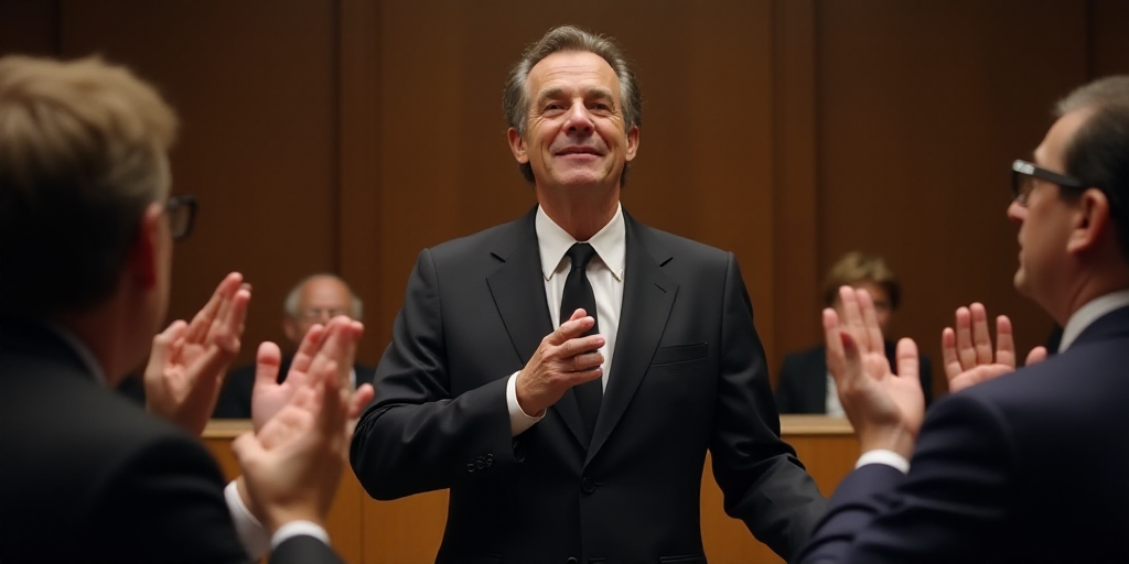 a man in a suit and tie standing in a room with other people clapping and clapping hands in front of