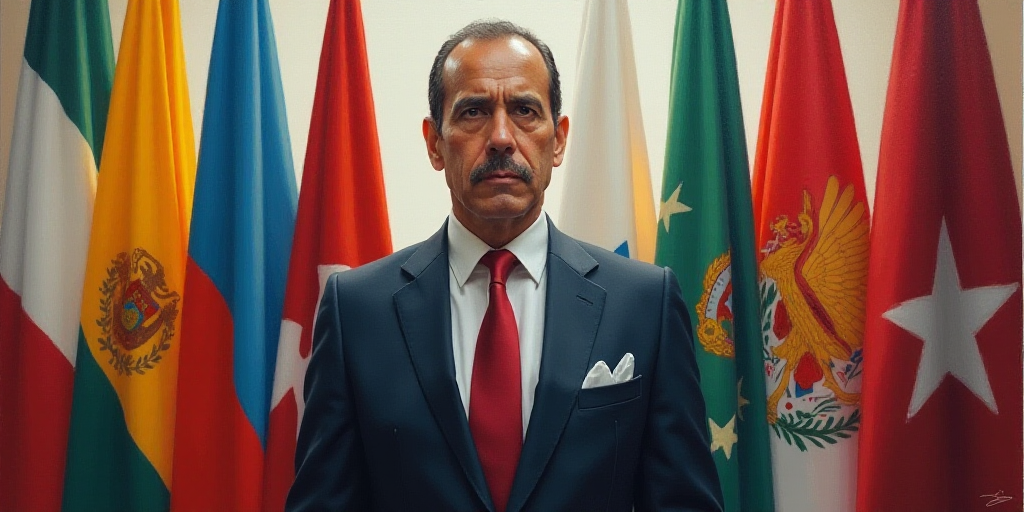 a man in a suit and tie standing in front of flags of different colors and sizes, with a serious loo