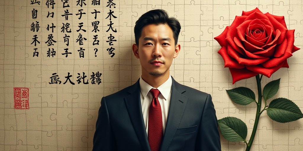 a man in a suit and tie standing in front of a wall with chinese writing on it and a red rose, Baiō