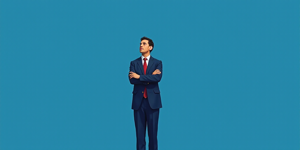 a man in a suit and tie standing with his arms crossed in front of him, with a blue background, Carl