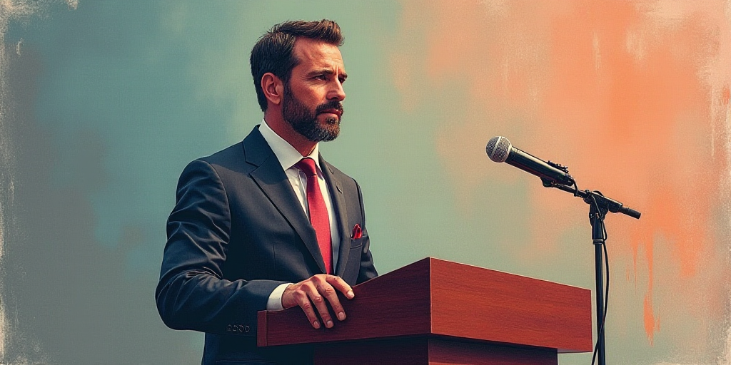 a man in a suit and tie standing at a podium in front of a microphone and a microphone stand, Bernat