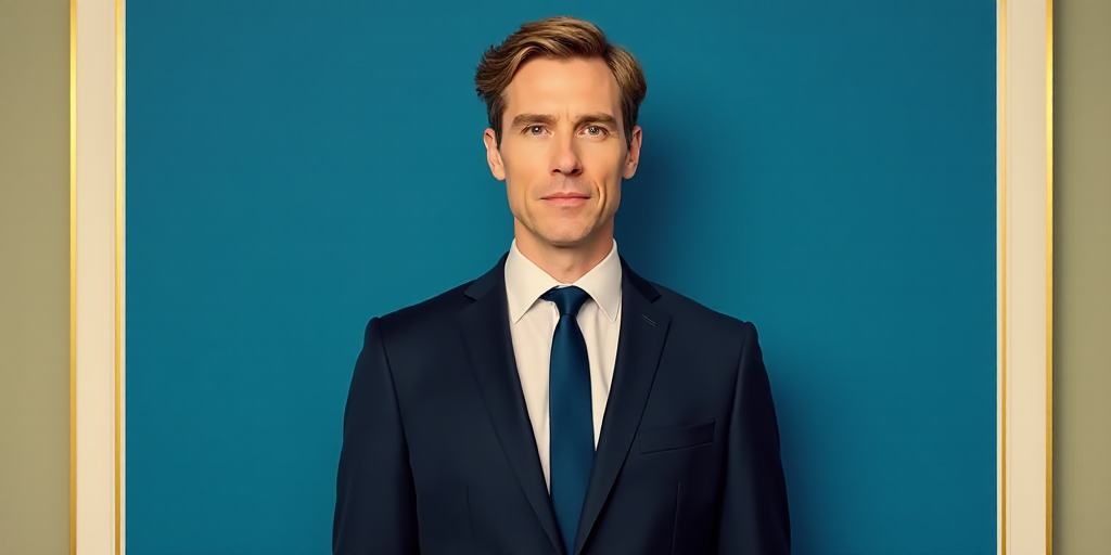 a man in a suit and tie standing in front of a blue background with a white and yellow border, Edwar