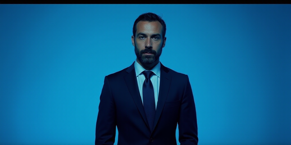 a man in a suit and tie standing in front of a blue background with a caption that reads miguel gonz