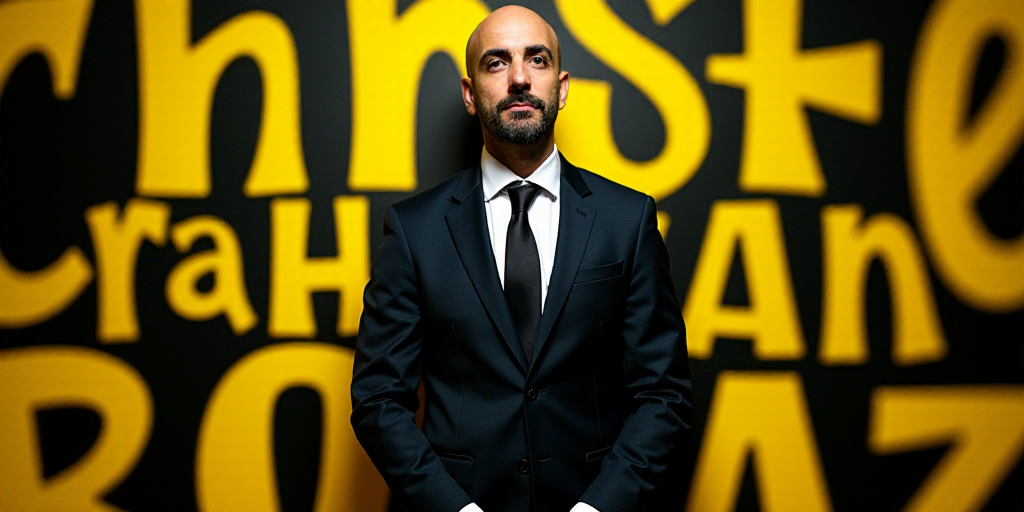 a man in a suit and tie standing in front of a yellow and black background with the words christian