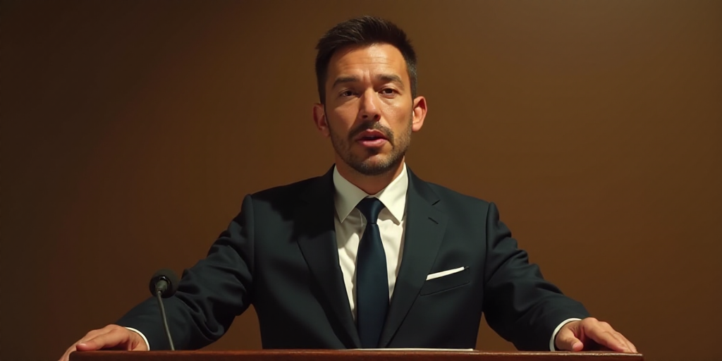 a man in a suit and tie standing at a podium with a microphone in front of him and a brown wall behi