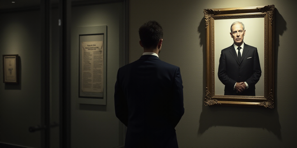 a man in a suit and tie standing next to a poster of a man in a suit and tie, Andries Both, eerie, a