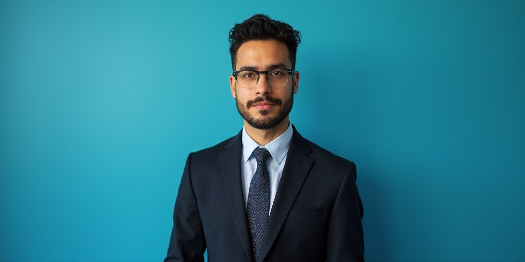 a man in a suit and tie standing in front of a blue background with a black and white photo, Alejand