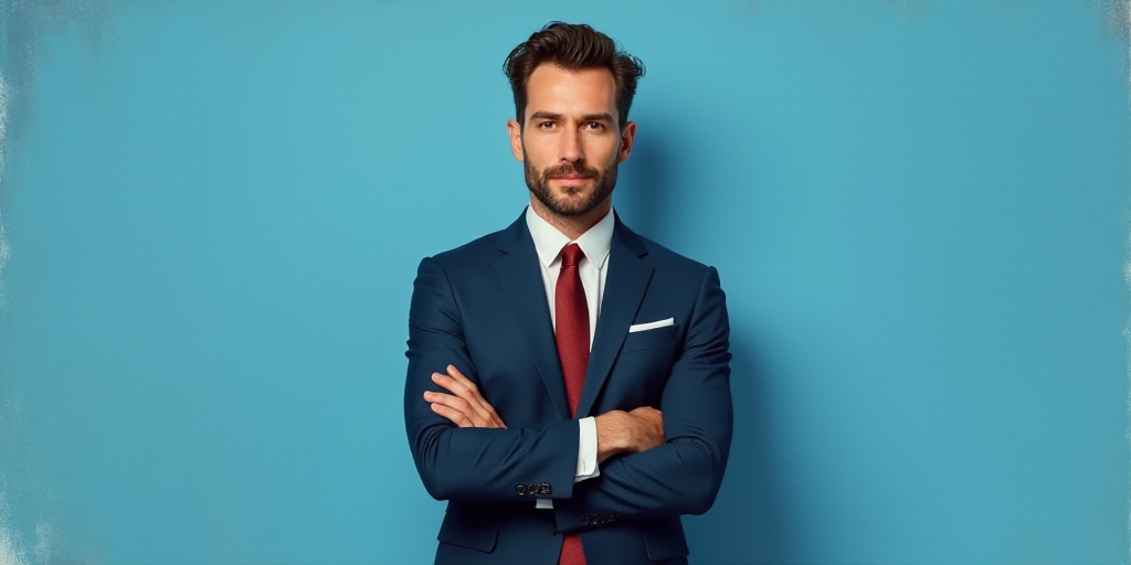 a man in a suit and tie standing with his arms crossed in front of him with a blue background, Anton