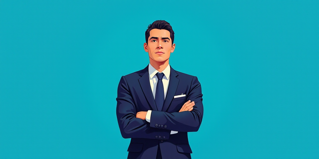 a man in a suit and tie standing with his arms crossed in front of him, with a blue background, Carl