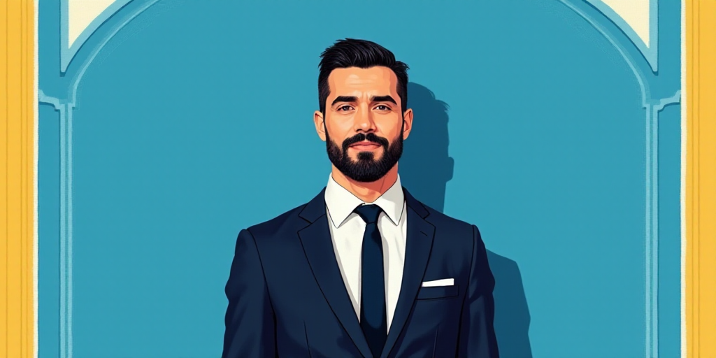 a man in a suit and tie standing in front of a blue background with a white and yellow border, Carlo