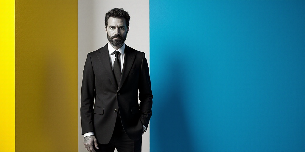 a man in a suit and tie standing in front of a blue background with a yellow border and a black and