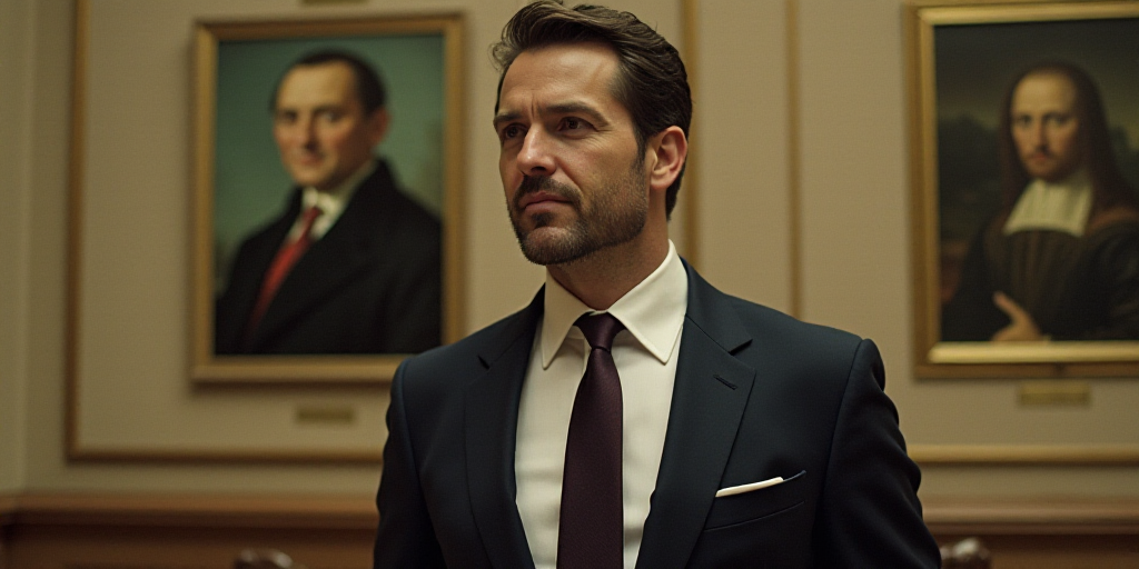 a man in a suit and tie standing in front of a sign with a picture of a man on it, Diego Velázquez,
