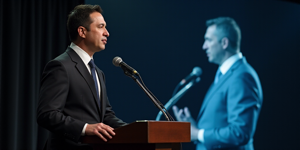 a man in a suit and tie standing at a podium with a microphone in front of him and a microphone in t