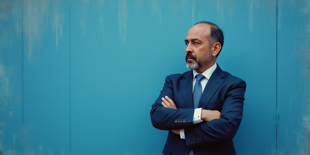 a man in a suit and tie standing in front of a blue background with a caption that reads, louis migu