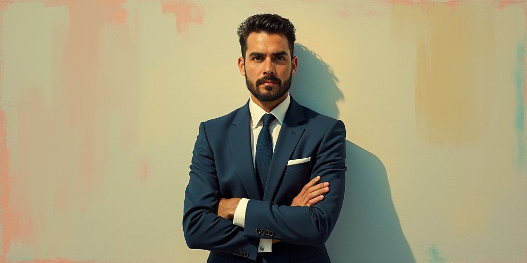 a man in a suit and tie standing with his arms crossed in front of him, with the caption of a photo