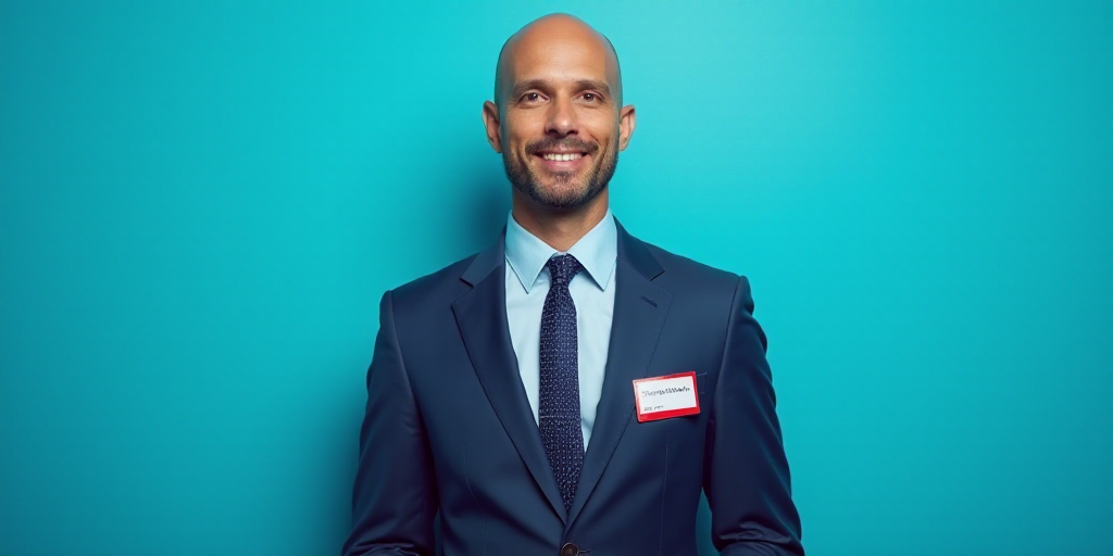 a man in a suit and tie standing in front of a blue background with a name tag for a business, Edwar