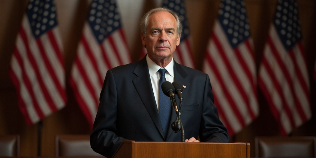 a man in a suit and tie standing in front of american flags and microphones in a room with a podium,