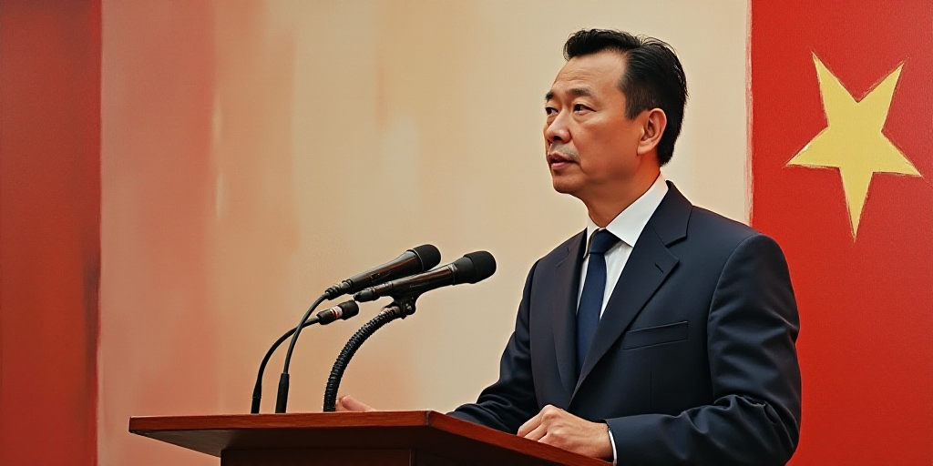 a man in a suit and tie standing at a podium with a microphone in front of him and a sign behind him