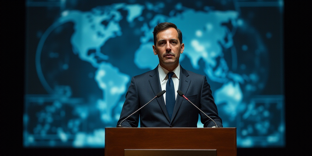 a man in a suit and tie standing at a podium with a microphone in front of him and a sign behind him
