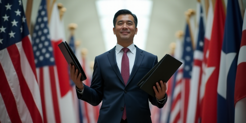 a man in a suit and tie standing in front of flags holding a folder in his hand and a folder in his
