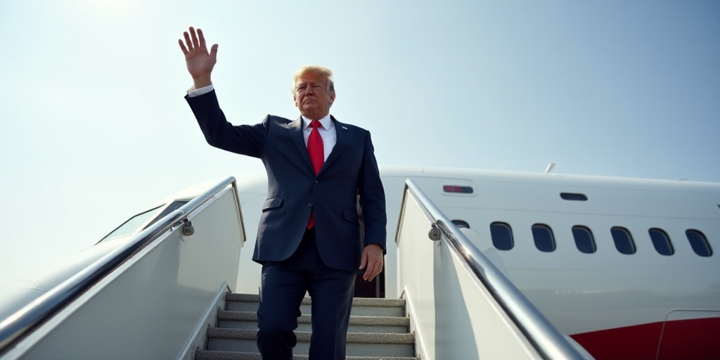 a man in a suit and tie standing on a plane steps and waving at the camera with his fist up, Donald