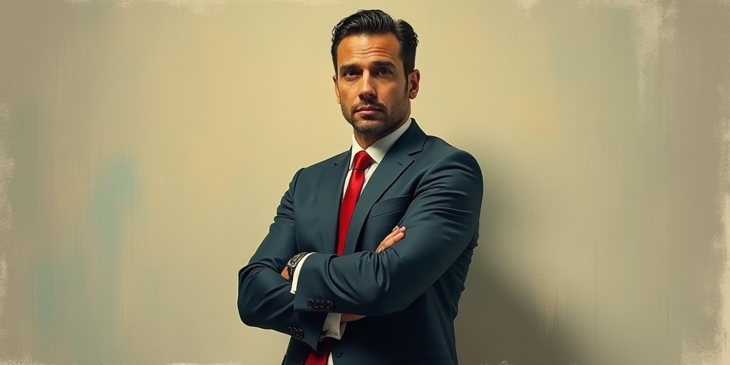 a man in a suit and tie standing with his arms crossed in front of him, with the caption of a photo
