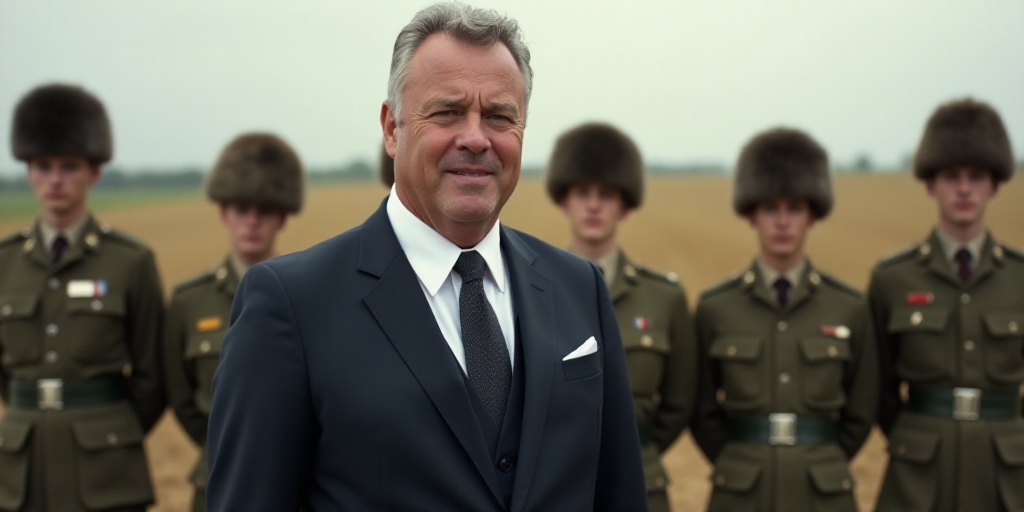 a man in a suit and tie standing next to a group of men in uniform in front of a field, Clovis Troui