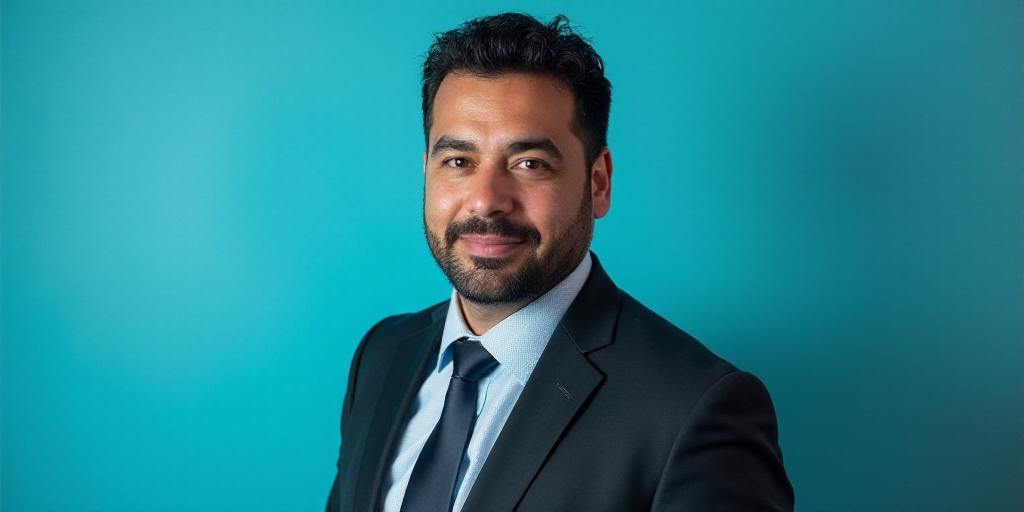 a man in a suit and tie standing in front of a blue background with a black and white photo, Alejand