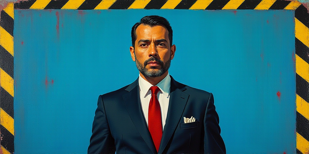 a man in a suit and tie standing in front of a blue background with a black and yellow border, Artur