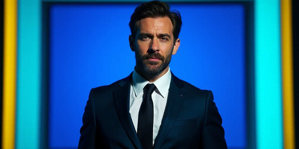 a man in a suit and tie standing in front of a blue background with a black and yellow border, Eduar