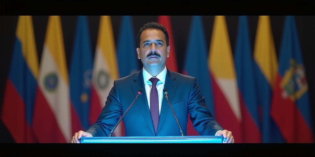 a man in a suit and tie standing at a podium with a microphone in front of him and flags behind him,
