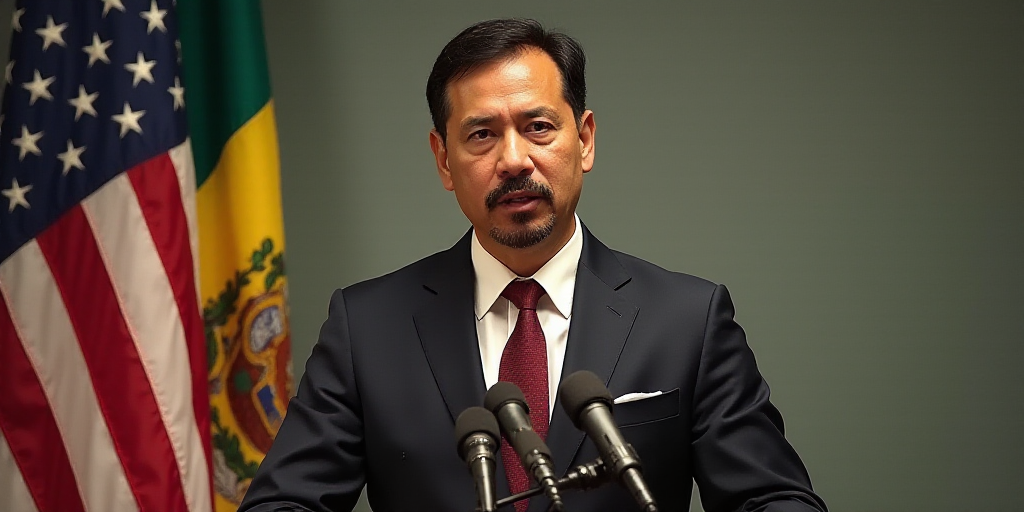 a man in a suit and tie standing at a podium with a flag behind him and a microphone in front of him