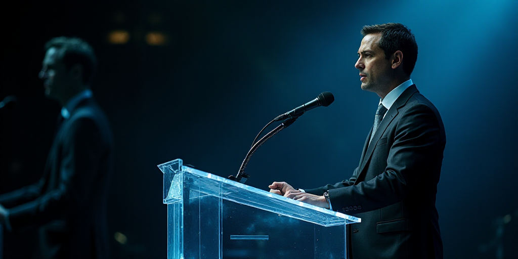 a man in a suit and tie standing at a podium with a microphone in front of him and a microphone in t
