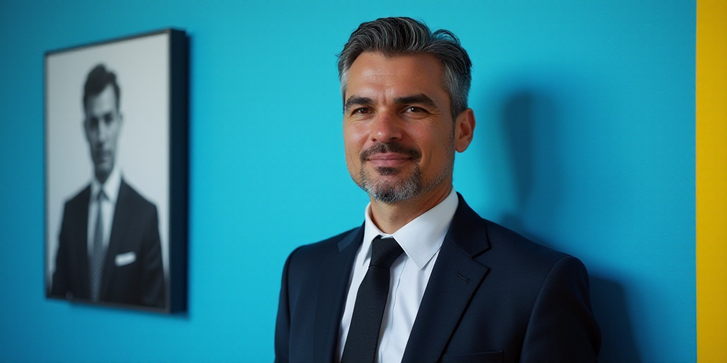 a man in a suit and tie standing in front of a blue background with a yellow border and a black and