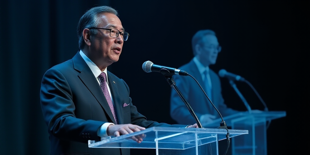 a man in a suit and tie standing at a podium with a microphone in front of him and a microphone in t